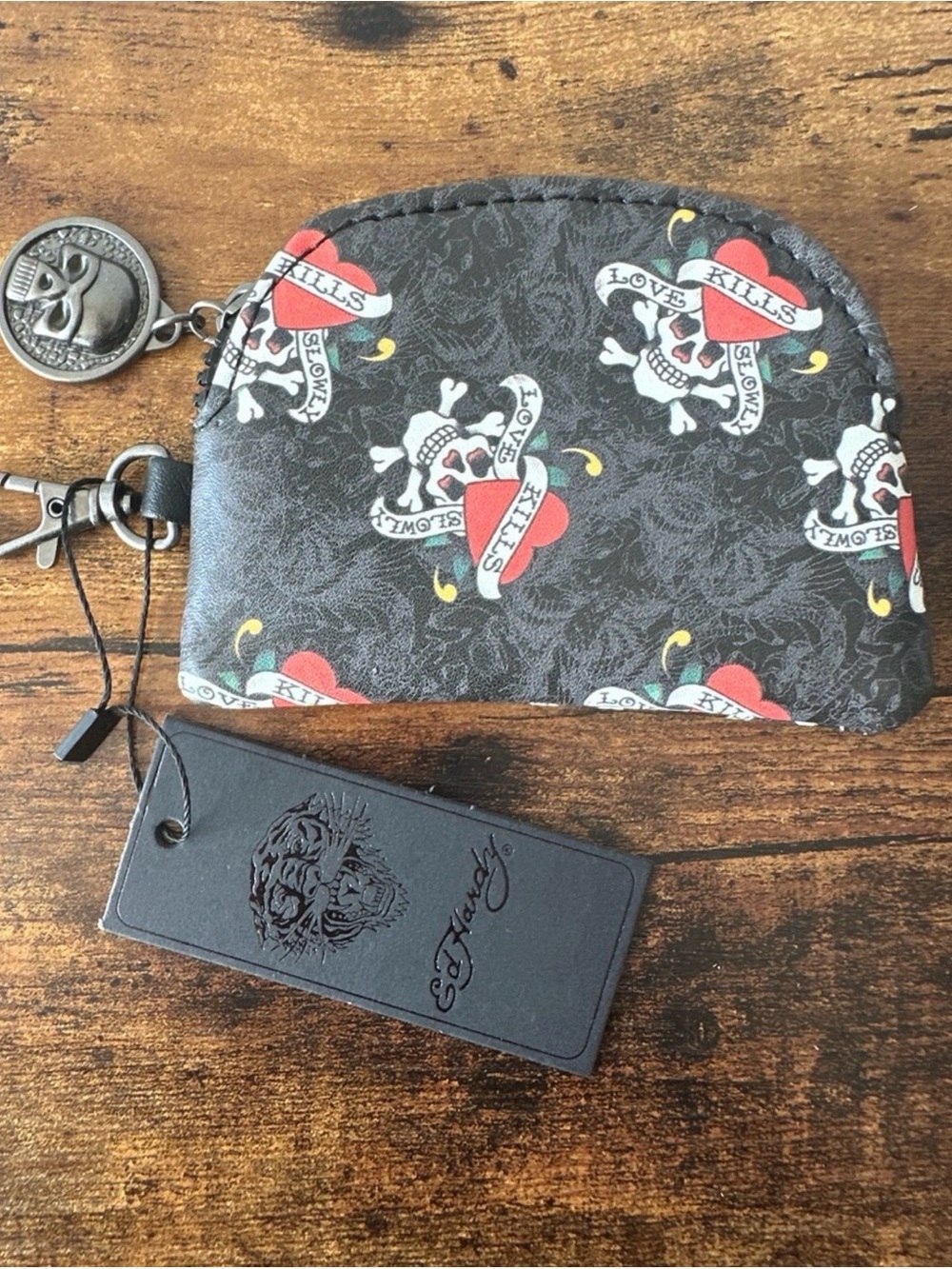 Ed Hardy "Love Kills Slowly" Black Coin Purse Pouch Wallet Keychain Clip